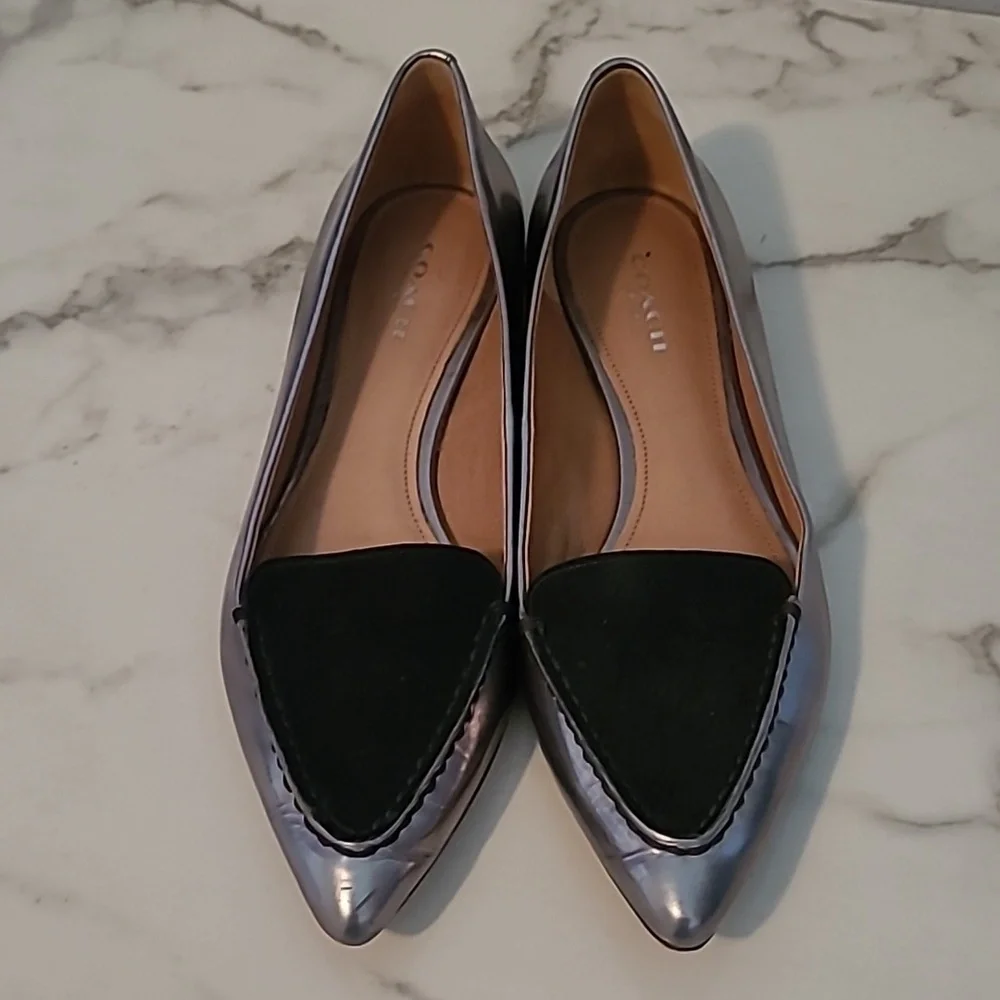 Coach Walsh Silver Metallic Mirror Leather Black Suede Pointed Toe Flats Shoes 6